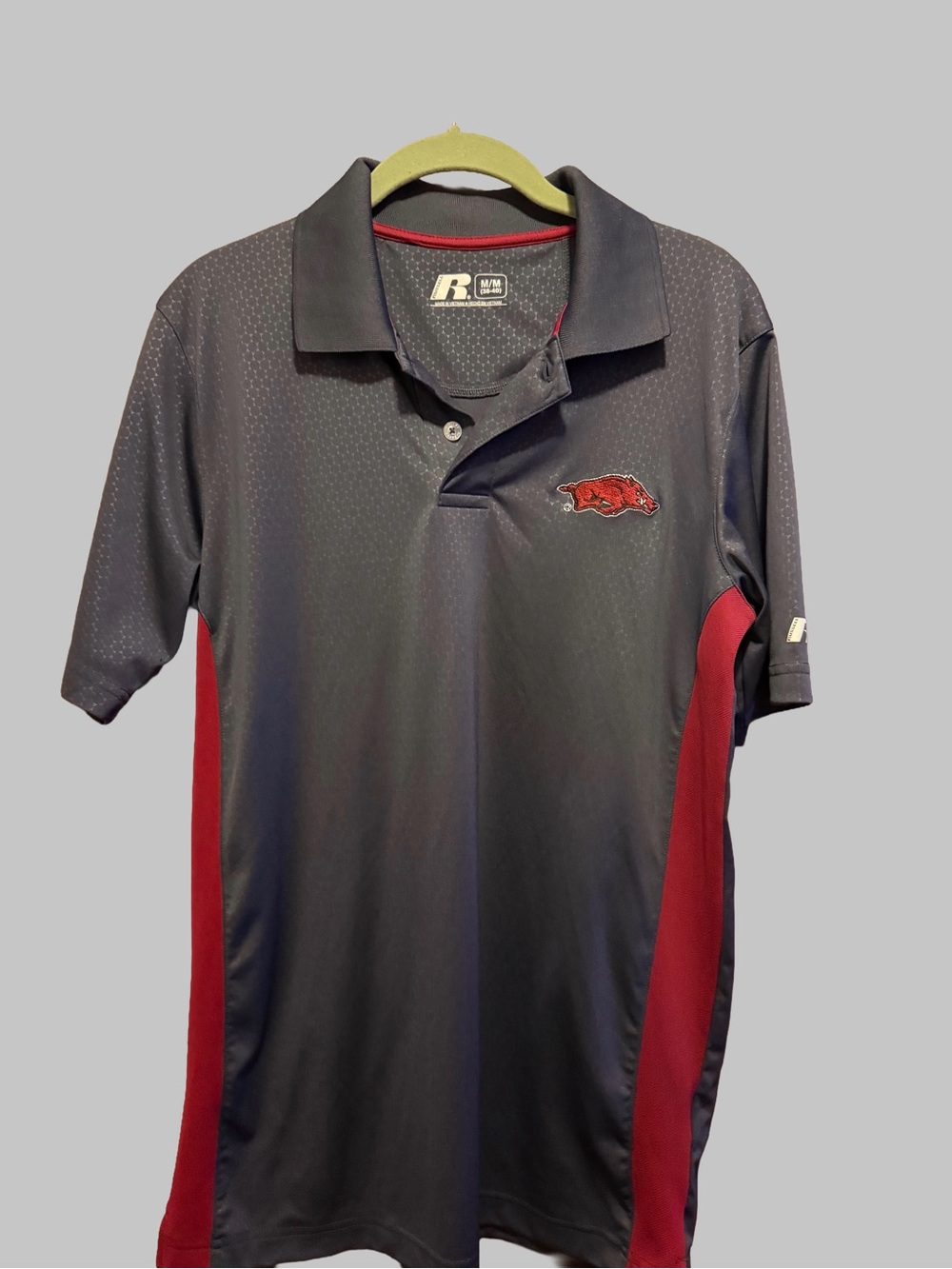 Russell Athletic Gray and Red Polo with Arkansas Razorbacks Patch